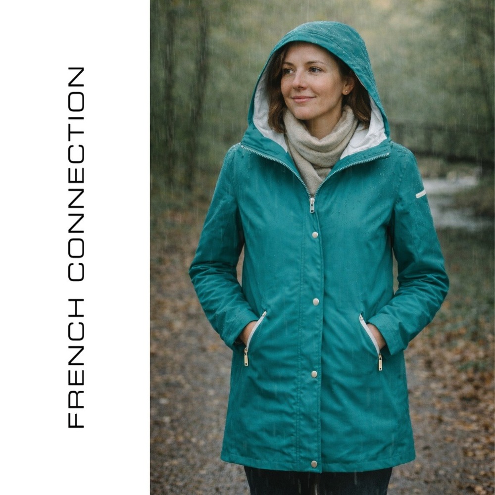 French Connection, Teal Anorak Slicker Hooded‎ Rain Jacket Size Small